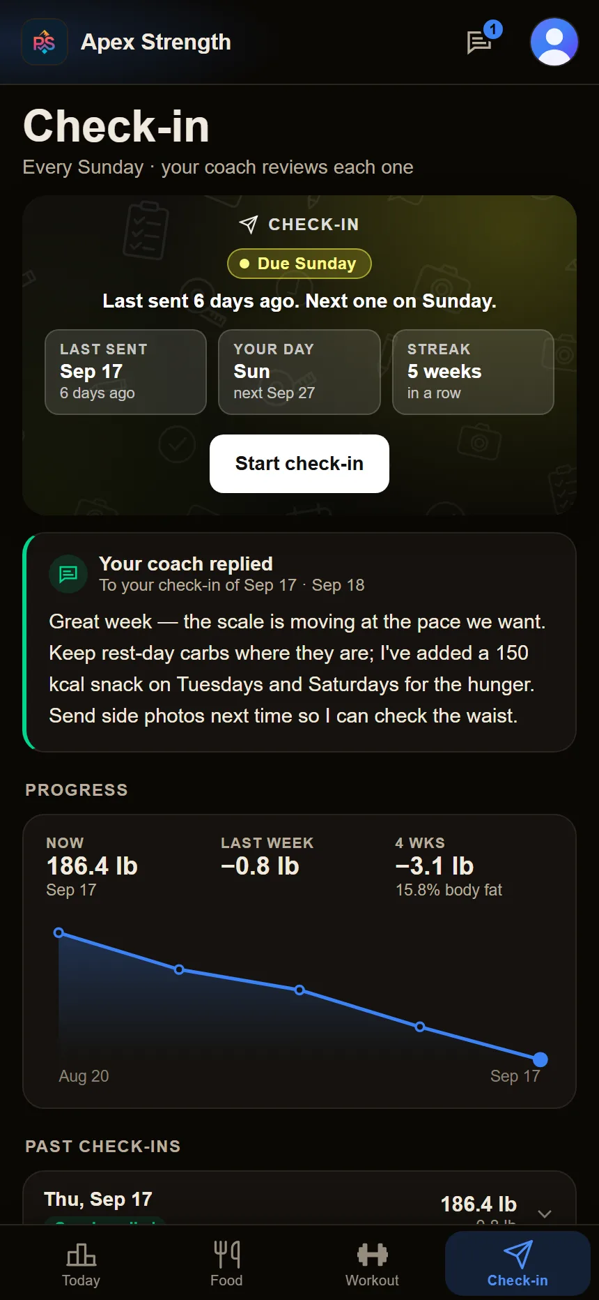 The client's Check-in screen: when it's due, the coach's reply and the weight trend.