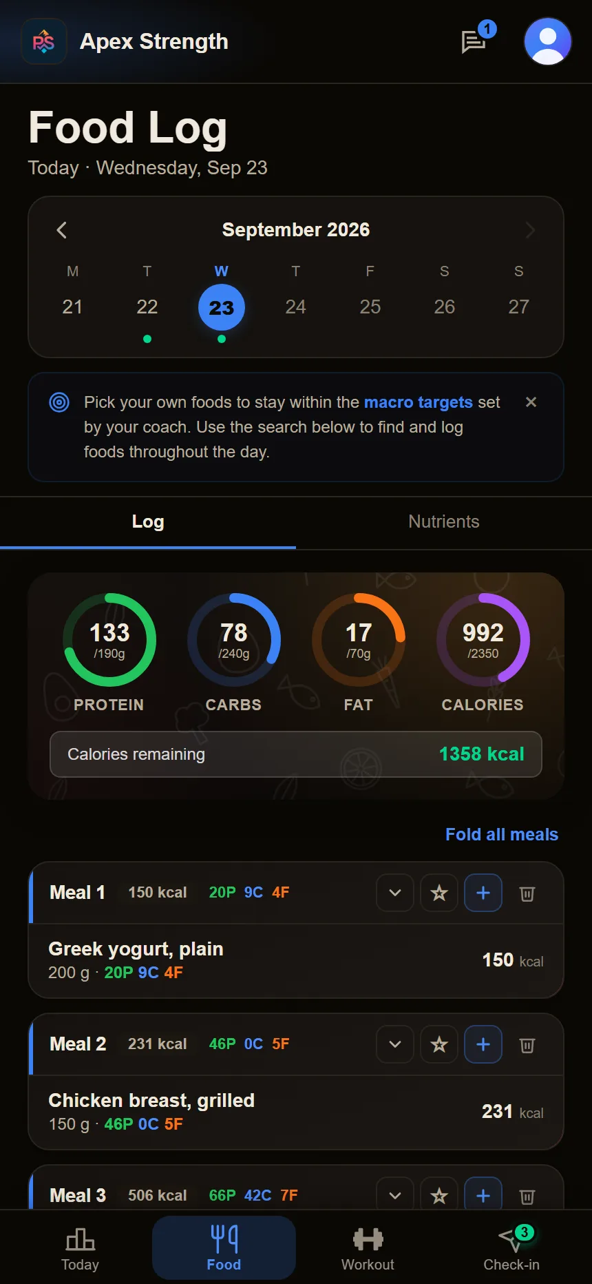 The client's food log: their macros against the coach's targets and the meals logged today.