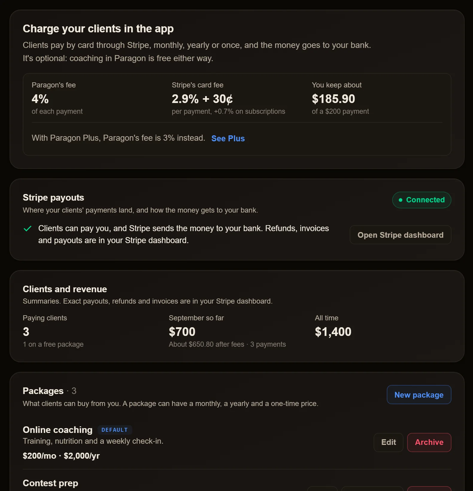 The coach's Payments page: Paragon's 4% (3% with Plus) and Stripe's fee, Stripe payouts connected, this month's revenue and the coach's packages.