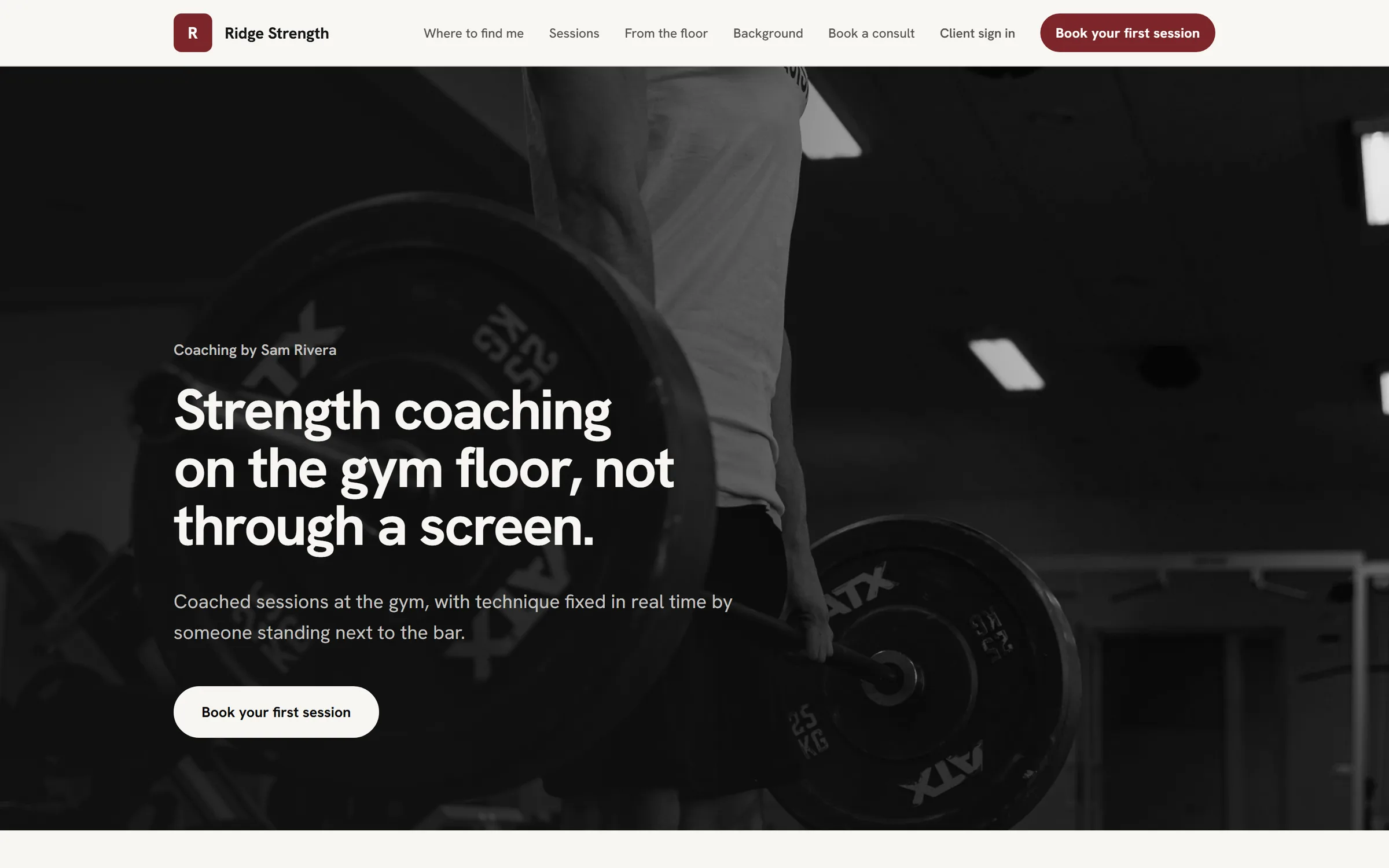 A published coach landing page on the coach's own domain: Ridge Strength, Strength coaching on the gym floor, not through a screen, with Book your first session.